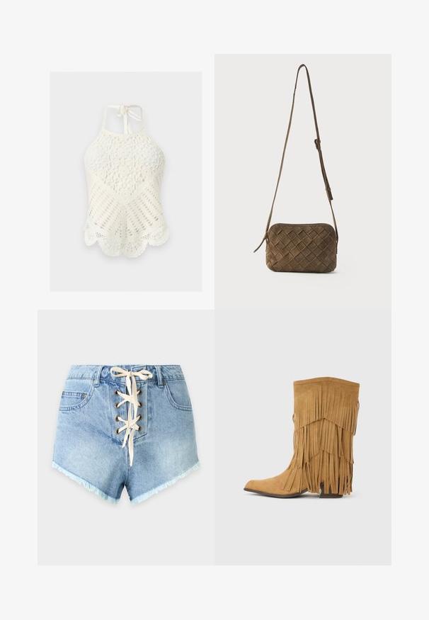 Top dos nu blanc en crochet avec motif floral, design en maille ouverte, ourlet festonné et fermeture à nouer au cou.; Short en jean bleu clair avec fermeture à lacets à l'avant, deux poches avant, passants de ceinture et ourlets effilochés.; Botte mi-mollet en daim couleur beige avec franges superposées et talon bloc empilé, vue de profil sur un fond uni.; Sac bandoulière en daim marron avec un motif losange tissé et une longue sangle réglable sur un fond uni.