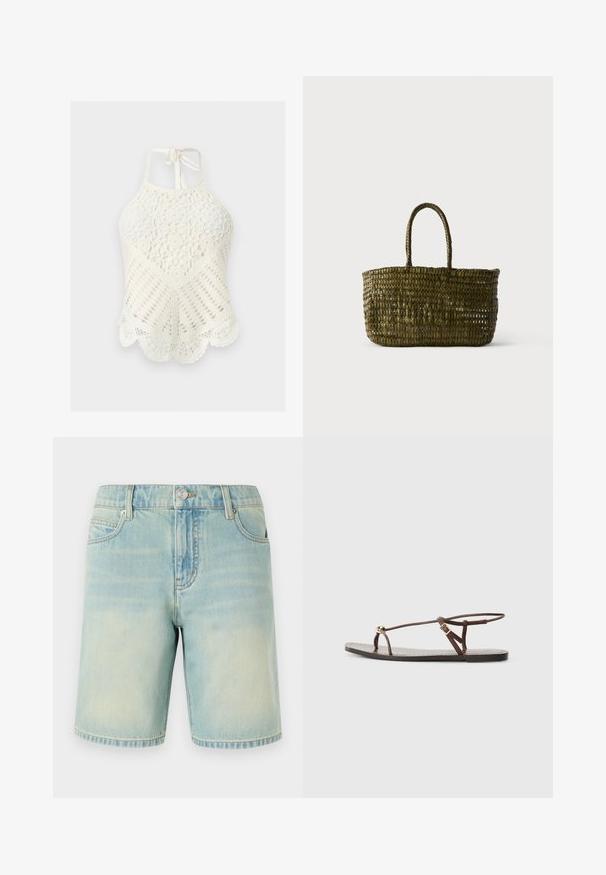 Weißes gehäkeltes Neckholder-Top mit Blumenmuster, offenem Gestrick, gewelltem Saum und Binderverschluss am Hals.; Hellblaue Denim-Shorts mit einem verblassten Finish, ausgestattet mit einem Fünf-Taschen-Design, sichtbaren Nähten und einem Metallknopfverschluss am Bund.; Braune Leder-Sandale mit dünnen Riemen, einem goldenen, runden Akzent und einer flachen Sohle. Minimalistisches Design mit einem verstellbaren Schnallen-Detail.; Olivgrüne gewebte Tragetasche mit zwei abgerundeten Griffen vor einem einfarbigen hellen Hintergrund.