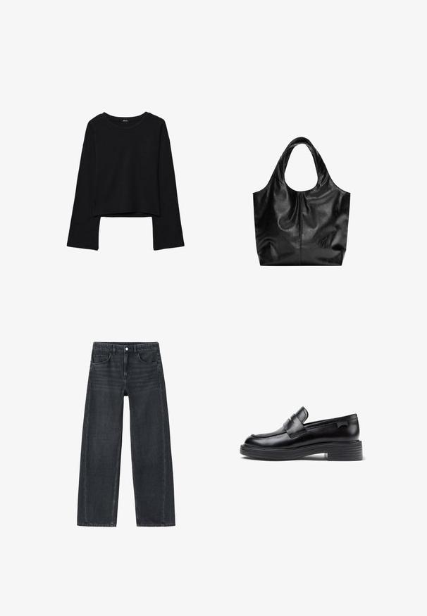 Sort langærmet cropped skjorte med rund halsudskæring og afslappet pasform, vist mod en hvid baggrund.; Viddebukser i mørkegrå denim. Har forlommer og et klassisk fem-lomme design. Knaplukning og subtile falmede detaljer.; Sorte læder loafers med en rund tå, der har et syet design og en kraftig gummisål. Accenteret med en dekorativ strop.; Sort læder tote taske med en glat overflade, en blød, afrundet top og brede håndtag. Har minimal syning og en afslappet silhuet.