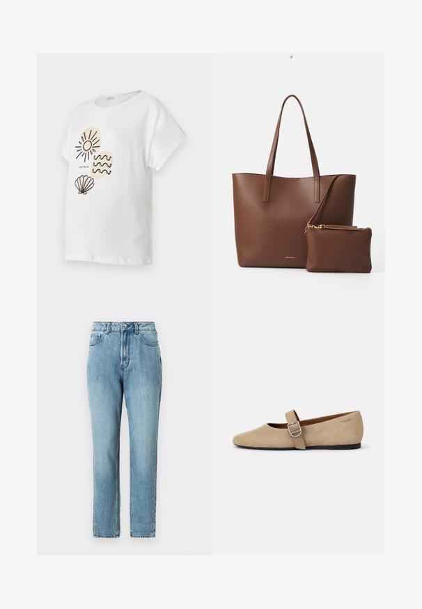 Hvid bomulds T-shirt med korte ærmer, der har sorte stregtegninger af en sol, bølger og en musling på forsiden.; TOM TAILOR DENIM Mom-jeans - clean mid stone blue denim; Beige ruskind Mary Jane flade sko med spids tå og et enkelt justerbart strop med en sølv spænde. Sort flad sål.; Brun faux læder tote taske med to lange håndtag og en matchende lille pung. Overfladen har et struktureret mønster og guldfarvede hardware detaljer.