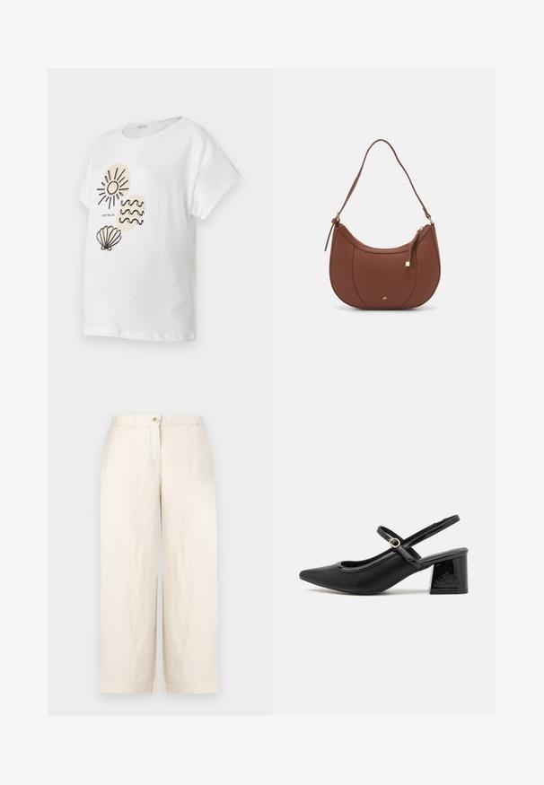 Camiseta de algodón blanca de manga corta con dibujos en línea negra de un sol, olas y una concha en el frente.; Pantalones de pierna ancha en color beige, confeccionados en una tela ligera, con cierre de botón, trabillas para cinturón y dobladillos limpios. Textura suave y diseño minimalista.; Tacones slingback de charol negro con punta afilada, un diseño de corte redondeado y tacón bloque. Incluye un detalle de hebilla en tono dorado.; Bolso de hombro de imitación cuero marrón con forma curva, costura mínima y un acento de hardware en tono dorado. Presenta un cierre de cremallera en la parte superior y una correa ajustable.