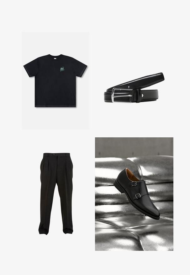 T-shirt noir à manches courtes avec texte "Bamki Projects" en vert clair et motif circulaire sur le côté gauche de la poitrine, coutures blanches sur les manches et l'ourlet.; Pantalon noir taille haute plissé avec passants de ceinture, fermeture par bouton et jambes fuselées présenté sur fond blanc.; Chaussure noire en cuir à double boucle de moine avec des boucles argentées, présentée sur une surface capitonnée métallique argentée réfléchissante.; Ceinture en cuir noir dotée d'une boucle en métal argenté brilliante, texture lisse et plusieurs trous d'ajustement le long de la sangle.