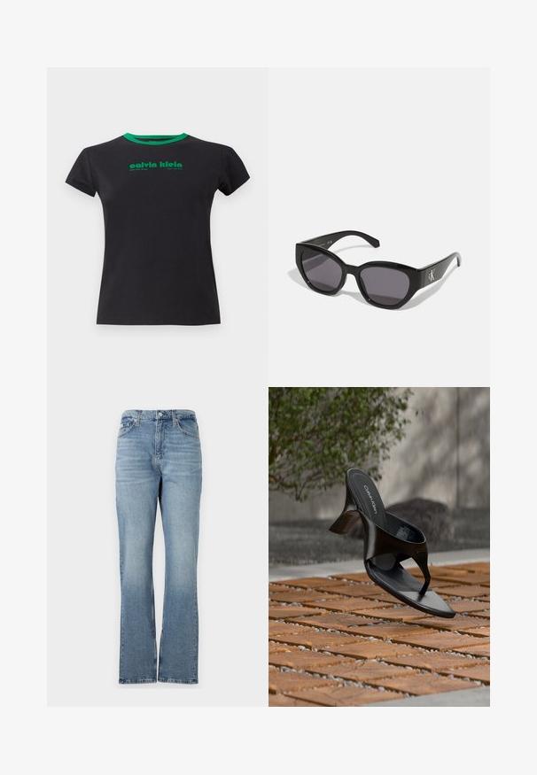 T-shirt en coton noir à manches courtes avec un col rond vert. Présente un texte imprimé en vert : "calvin klein, West 29th Street, New York City."; Jean en denim bleu clair avec une jambe droite, design à cinq poches, passants de ceinture et fermeture éclair. Le tissu a une texture subtile.; Sandale à talon noire Calvin Klein en forme de tongs flottant au-dessus d'une surface extérieure carrelée avec de la verdure et un mur en béton en arrière-plan.; Lunettes de soleil noires au design lisse et angulaire, avec des verres foncés et un logo en argent contrastant sur le côté. Texture en plastique lisse.