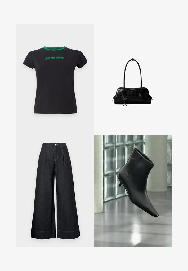 Must värvusega puuvillane t-särk lühikeste varrukatega ja ümmargune roheline kaelus. Prinditud roheline tekst: "calvin klein, West 29th Street, New York City."; Laia musta denimitest vöökohaga püksid, millel on ees voldid, nööbikinnitus ja kontrastsete õmblustega servad.; Mustast nahast pahkluu saabas terava varbaotsaga ja madala Kitsuki kontsaga, kuvatud nurga alt läikiva põranda ja klaasplokkseinaga taustal.; Mustast krokodillinahast õlakott pikkade rihmade ja ühe rihma peal väikese hõbedase logoga ripatsiga.