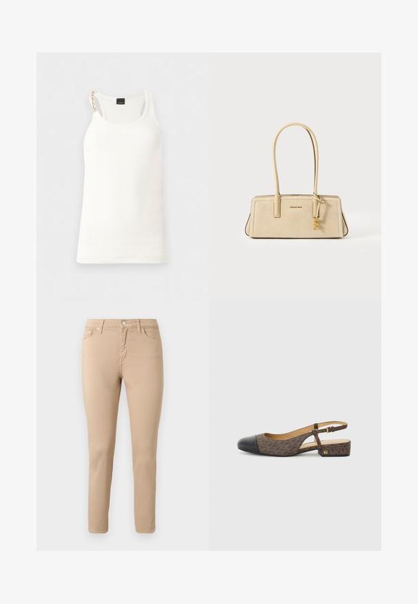 Wit geribd hemdje met een gouden kettingbandje op de linkerschouder en een klein geborduurd logo onder de halslijn.; Beige slim-fit broek met knoop aan de voorkant, rits, riemlussen en vijf zakken, afgebeeld tegen een effen lichte achtergrond.; Slingback schoen met een bruine gestreepte stoffen bovenkant en een zwarte leren neus. Heeft een kleine blokhak en een gespstrap.; Beige rechthoekige handtas met lange handgrepen, gladde en suède textuur, gouden logo en decoratieve gouden bedel die aan één handgreep hangt.