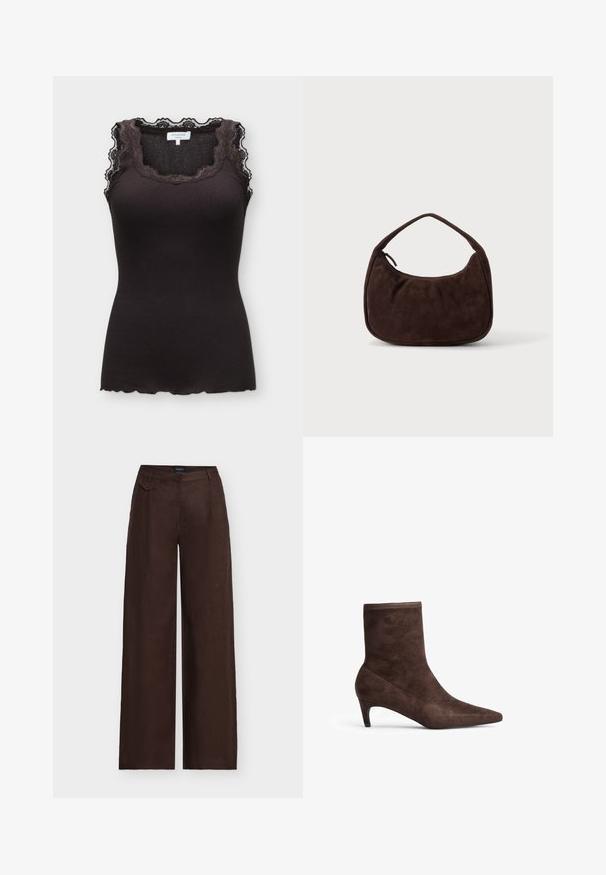 Zwart geribd mouwloos topje met kanten afwerking rond de halslijn en schouders, met een geschulpte zoom en een Rosemunde merklabel.; Donkerbruine wijde broek met hoge taille en een klein decoratief klepzakje aan de rechter voorzijde van de tailleband.; Bruine suède enkelboot met een spitse neus en slanke hak. Heeft een zachte textuur en een hoge schachtontwerp.; Donkerbruine suède handtas met een korte riem en afgeronde rechthoekige vorm op een effen lichte achtergrond.