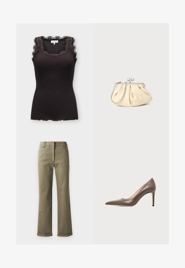 Top sans manches noir en maille côtelée avec bordure en dentelle autour du col et des épaules, doté d'un ourlet festonné et d'une étiquette de marque Rosemunde.; Pantalons larges beige en tissu doux. Comprend un ourlet roulé, des poches avant et une fermeture éclair avec bouton.; Chaussure à talon haut en cuir marron à bout pointu avec un talon aiguille fin et une finition lisse sur un fond clair.; Pochette en cuir beige plissé avec un cadre en métal argenté, dotée de deux fermoirs ronds décoratifs et d'une chaîne en argent.