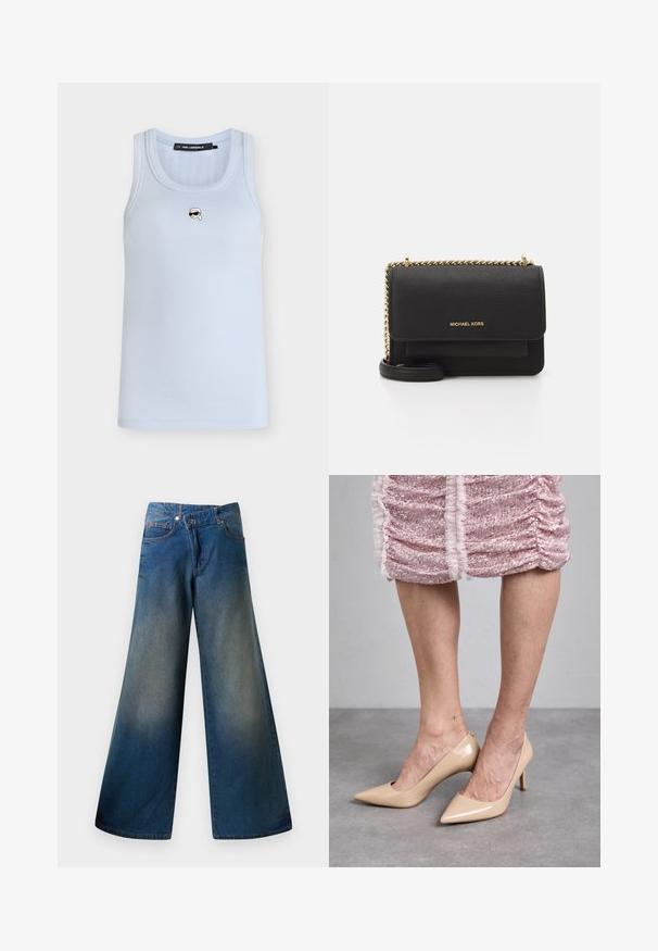 Camiseta sin mangas azul claro acanalada con una pequeña cara de dibujos animados en blanco y negro con gafas de sol centrada debajo del escote.; Jeans de pernera ancha en denim, con un acabado ligeramente desvaído, costuras visibles, dos bolsillos frontales y cierre de botón.; Tacones de charol beige con punta afilada y un tacón delgado. Textura suave con un diseño elegante. Llevados con un vestido rosa con lentejuelas.; Bolso de hombro negro de cuero con un acabado texturizado, correa de cadena dorada, cierre de solapa y logo en relieve en la parte frontal.