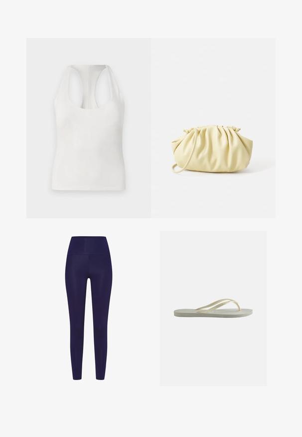 Witte mouwloze top van zacht materiaal, met een ronde halslijn en racerback ontwerp, een gladde textuur en zonder zichtbare patronen.; Navy blauwe leggings met een hoge tailleband, gemaakt van een gladde, rekbare stof. Het ontwerp heeft een aansluitende pasvorm zonder patronen.; Enkele ecru rubberen teenslipper met dunne bandjes en een gestructureerd voetbed, zijaanzicht op een effen achtergrond.; Geel geplooide handtas van soepel nepleer, met een zachte vorm, een enkele schouderriem en een verzameld ontwerp aan de bovenkant.
