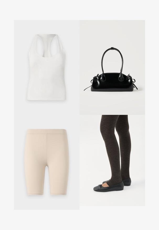 Witte mouwloze top van zacht materiaal, met een ronde halslijn en racerback ontwerp, een gladde textuur en zonder zichtbare patronen.; Beige fietsbroekjes van rekbare stof. Midden-dij lengte met een gladde tailleband. Geen zichtbare patronen of accenten.; Benen met donkere geribbelde leggings gecombineerd met zwarte ballerina's met kleine strikdetails op een witte achtergrond.; Kleine zwarte glanzende handtas met twee lange hengsels en zijkant trekkoord details op een effen lichte achtergrond.