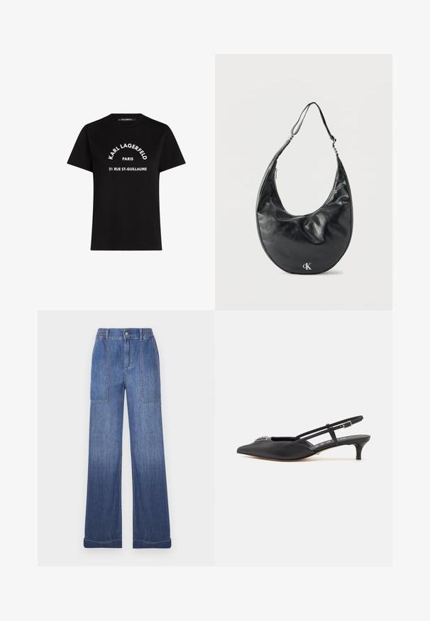 Sort bomulds T-shirt med hvid tekst: "KARL LAGERFELD PARIS 21 RUE ST-GUILLAUME." Klassisk crewneck-design med korte ærmer.; Blå denimbukser med vide ben og elastisk taljebånd, to forlommer og kontrastsyninger. Stoffet har en let falmet tekstur.; Sorte slingback-sko med spids tå, lavet af glat materiale, med en lille hæl og en dekorativ sølvaccent på vamps.; Sort læder skuldertaske i halvmåneform med justerbar rem og sølvfarvet "cK"-logo foran, mod hvid baggrund.