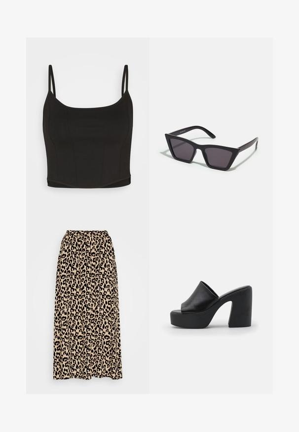 Even&Odd by Zalando Top - black; Leopartrykt midi-nederdel i beige og sort. Har en elastisk talje og en plisseret design for øget bevægelse og pasform.; Sorte højhælede mules med en glat læderoverdel og en tyk platformssål, der har åben tå og skrå blokhæl design.; Sorte, kantede solbriller med grå linser; lavet af plast, med tykke stænger med en glat overflade og ingen synlig hardware.