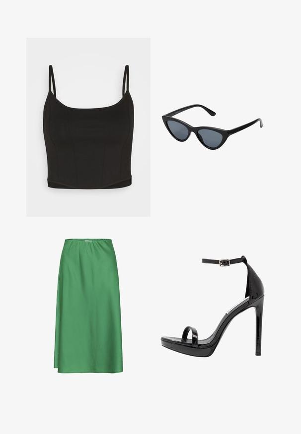 Even&Odd by Zalando Débardeur - black; Jupe en satin vert avec une ceinture élastique, de longueur mi-longue, texture lisse, et un design simple et fluide sans motifs ni accents visibles.; Steve Madden MILANO - Sandales à talons hauts - black; Lunettes de soleil noires en forme d'œil de chat avec des verres gris foncé, monture en plastique élégante, coins pointus et branches droites. Pas de métal visible ni d'accents.
