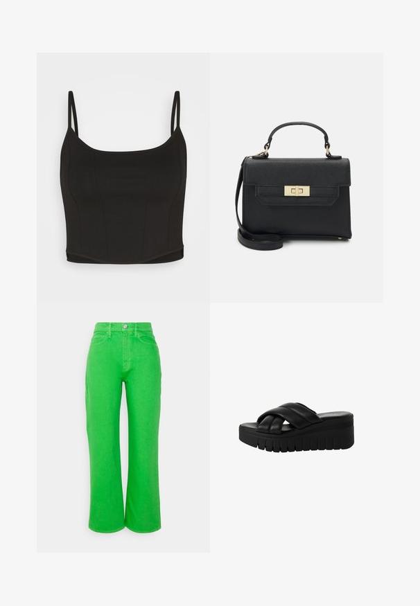 Even&Odd Top - black; FRAME LE JANE CROP - Straight leg jeans - peridot; Zwarte platform sandalen met gekruiste banden van glad leer, voorzien van een dikke, gestructureerde zool en een licht afgeronde teen.; Zwarte handtas van gestructureerd materiaal met een strakke vorm, handvat aan de bovenkant, afneembare schouderband en een gouden sluiting.