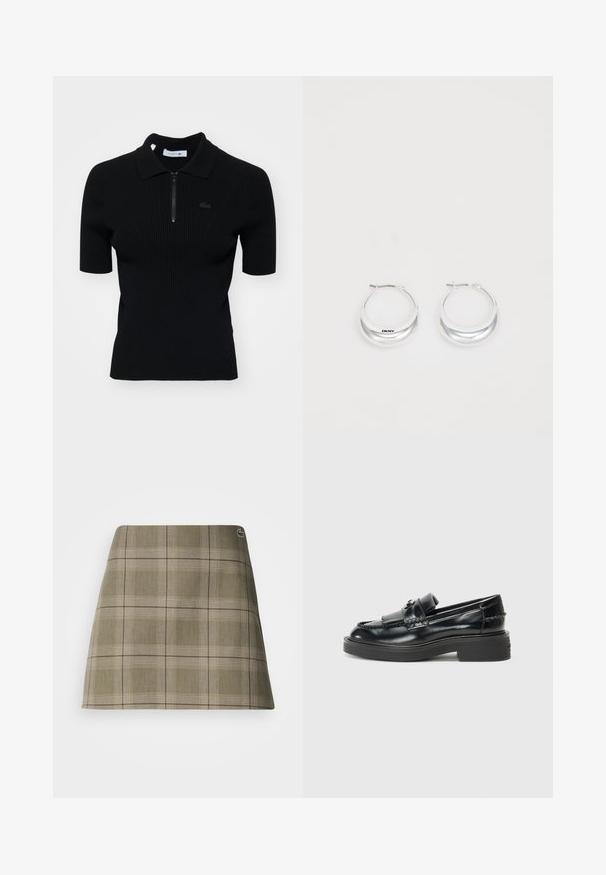Sort ribbet polo shirt med korte ærmer, lynlås krave og en diskret logo detalje. Lavet af tekstureret strikmateriale.; Skotsk ternet mini nederdel i olivengrøn og beige, med et lige design, en subtil struktur og en lille logoaccent nær taljen.; Sorte læder loafers med en flad, kraftig sål, der har et syet design og en hævet, foldet rem foran. Glat, glansfuld finish.; Sølv hoops øreringe med en poleret overflade og DKNY branding, præsenteret mod en simpel hvid baggrund.