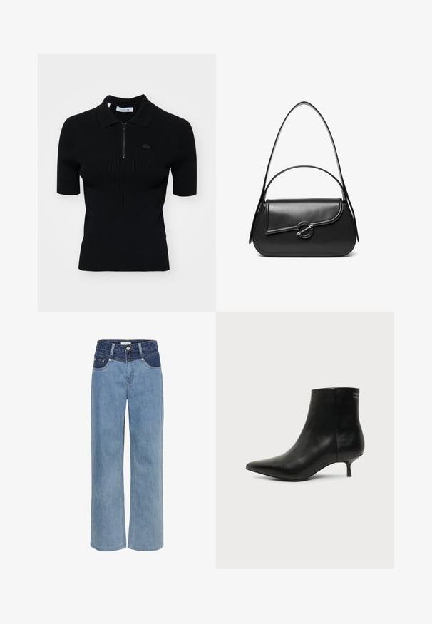 Sort ribbet polo shirt med korte ærmer, lynlås krave og en diskret logo detalje. Lavet af tekstureret strikmateriale.; Lyseblå denim bukser med vid ben, højt liv, fem lommer og en kontrasterende mørkeblå lap foran.; Sort læder ankelstøvle med spids tå og lav kitten hæl på lys baggrund, der viser yderside.; Sort skuldertaske i læder med en buet klap, der er fastgjort med en rund metal spænde, og en slank, justerbar rem.