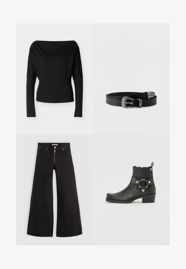 Sort langærmet top med bådudskæring og tætsiddende talje, vist fladt mod en lys baggrund.; Vide ben jeans i sort denim med lynlås foran, fem lomme-design og subtile stikninger. Glat tekstur og afslappet stil.; Sort læder ankelstøvle med rund tå, ribbede elastiske sider, en metallisk ringdetalje og en lav blokhæl.; Sort læderbælte med udsmykket sølvspænde, løkke og ende med blomster- og dekorative indgraveringer, snoet på en hvid baggrund.