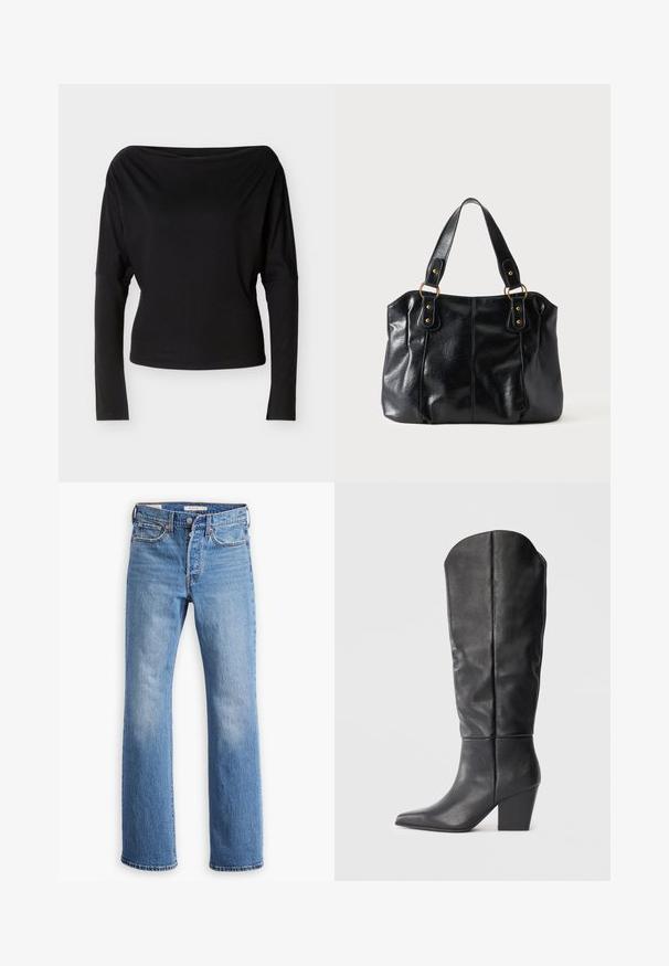 Schwarzes Langarmoberteil mit einem Bootsausschnitt und taillierter Passform, flach auf einem hellen Hintergrund präsentiert.; Blaue Jeans aus Denim mit geradem Bein, hoher Taille, klassischer Fünf-Taschen-Optik und auffälligen Verblassungen an den Oberschenkeln.; Schwarze kniehohe Stiefel aus Leder mit spitzem Zeh und blockigem Absatz. Das Design zeichnet sich durch eine glatte Textur und minimalistische Linien aus.; Schwarze Leder-Schultertasche mit doppelten Trägern, befestigt durch goldene Ringe und Nieten, glatte und leicht glänzende Oberfläche, schlichtes Design.