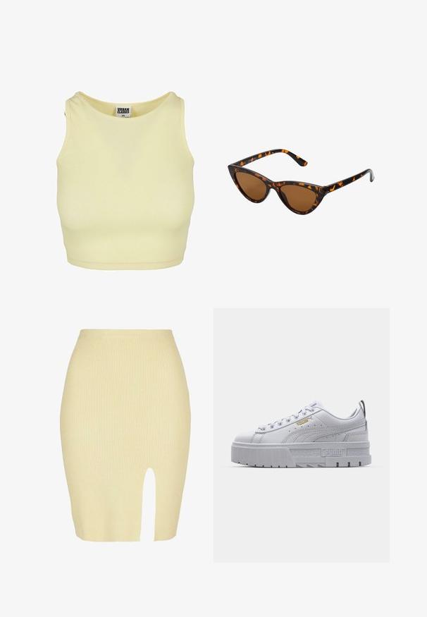 Lys gul ribbet croptop med rund halsudskæring og ærmeløs design. Har et mærke med "URBAN CLASSICS" indeni kraven.; Ribbet midi nederdel i lysegul med slidsdetalje foran, der har en tætsiddende silhuet og en blød tekstur.; Hvide platform sneakers med en glat læderoverdel, polstret krave, grå gummisål og gyldne detaljer med Puma-logoet.; Kat-ejede solbriller med en sort og orange skildpaddemønstret stel, brune linser og slanke, spidse ender. Har et minimalistisk logo på skabelsen.