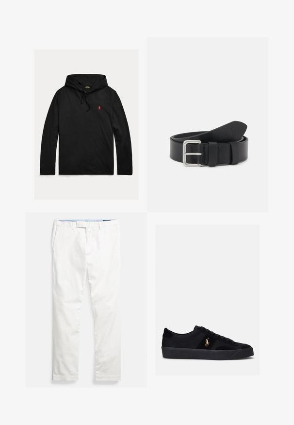 Čierna mikina Polo Ralph Lauren s dlhým rukávom s kapucňou, šnúrkami a malým červeným vyšívaným logom koňa na ľavej strane hrudníka.; Biele bavlnené chinos nohavice s plochým predným dielom, pútkami na opasok, bočnými vreckami a hladkou textúrou, s modrým vnútorným pásom.; Čierne tenisky s textilným a semišovým zvrškom, okrúhlou špičkou, plochou gumovou podrážkou a vyšívaným logom na boku. Šnurovací dizajn so šiestimi očkami.; Čierny kožený opasok so striebornou kovovou prackou. Má hladkú textúru a jazyk na nastavenie veľkosti. Klasický dizajn bez ozdôb.