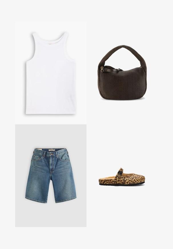 Witte katoenen tanktop met brede schouderbanden, een ronde halslijn en een gladde, geribbelde textuur. Geen patronen of accenten aanwezig.; Leren denim shorts in lichtblauw, met vijf zakken, een ritssluiting met een knoopsluiting, en een rechte pijpdesign met een klassieke pasvorm.; Slingback pantoffel met luipaardprint, een zachte binnenkant, een ronde neus en een decoratieve zwarte gesp. Zwarte rubberen zool met textuur.; Bruine geweven handtas met een gebogen handvat, met een gestructureerd oppervlak en een ritssluiting, gemaakt van duurzaam synthetisch materiaal.
