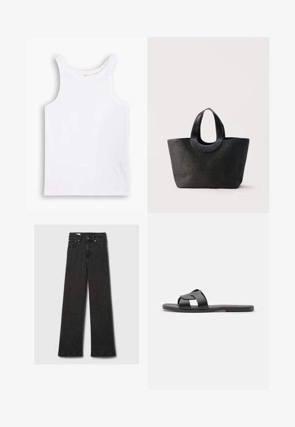 Witte katoenen tanktop met brede schouderbanden, een ronde halslijn en een gladde, geribbelde textuur. Geen patronen of accenten aanwezig.; Zwarte high-waisted straight-leg jeans met vijf zakken en koperen klinknagels, plat gelegd op een lichtgrijze achtergrond.; Zwarte schuimsandaal met een crisscross bandontwerp, platte zool, matte textuur en minimalistisch profiel. Geschikt voor casual gebruik.; Zwarte getextureerde tote bag met brede afgeronde handvatten met het geperste merknaam "Samsøe Samsøe" op een neutrale achtergrond.