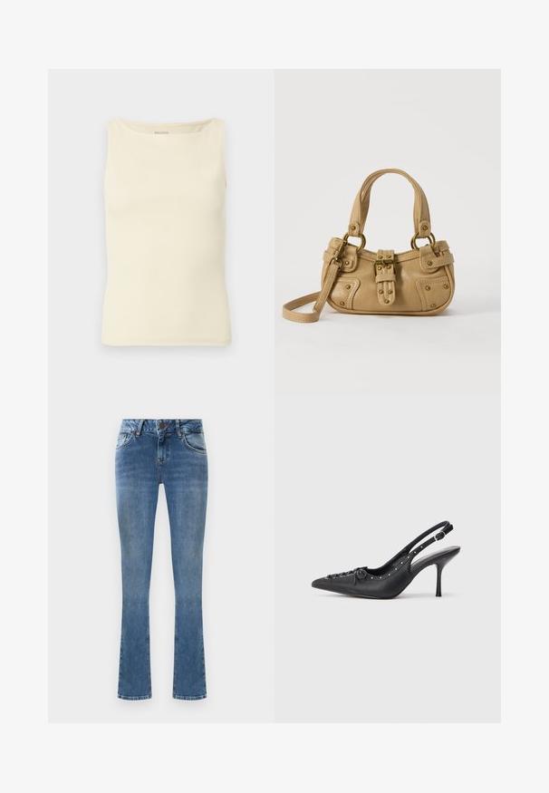Débardeur crème clair en tissu côtelé, avec un décolleté carré et un design sans manches. Aucun logo ou motif visible.; Jean flare en denim bleu clair avec cinq poches, une fermeture à bouton et des détails de couture jaunes. Le tissu a une texture lisse.; Escarpin en cuir noir à talon aiguille avec un bout pointu, une bride latérale à boucle, des clous le long du bord et un laçage décoratif à l'avant.; Sac à main en cuir beige avec double poignées, boucle en laiton et détails rivetés, ainsi qu'une bandoulière réglable sur fond blanc.