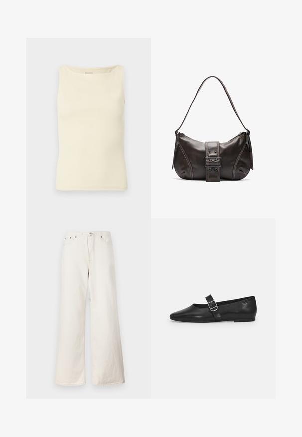 Débardeur crème clair en tissu côtelé, avec un décolleté carré et un design sans manches. Aucun logo ou motif visible.; Pantalon en denim blanc à jambes larges avec taille à cordon, poches avant et détails de couture subtils. Fabriqué en coton robuste.; Chaussure plate en cuir noir avec un bout arrondi, une seule sangle réglable à boucle et une texture lisse et brillante. Design minimaliste avec un petit talon.; Sac à épaule en cuir marron avec une forme courbée, présentant un détail de boucle proéminent, des coutures contrastantes et une seule bandoulière.