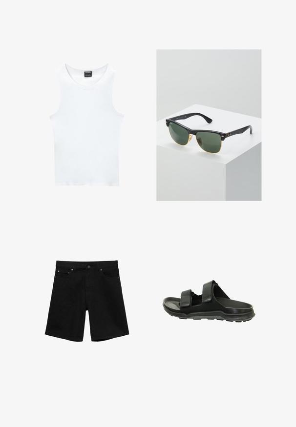Hvid ærmeløs tanktop lavet af ribbet bomuld. Har en rund halsudskæring og en glat tekstur. Etiketten siger "PULL&BEAR."; Sorte denimshorts med frontknap, lynlås, bæltestropper og fem-lomme-design lagt fladt på hvid baggrund.; Sorte sandaler har to justerbare stropper, et struktureret ydermateriale og en polstret sål med en skridsikker bund for godt fodfæste.; Ray-Ban solbriller med grønne linser, sorte plastikstel og gyldne detaljer ved kanterne. Firkantet form med mat finish.