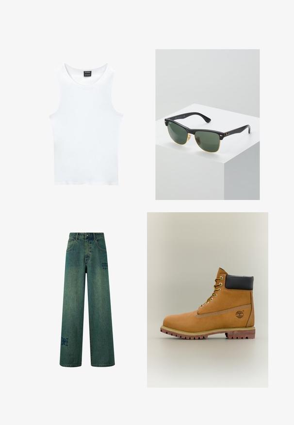Weißes ärmelloses Tanktop aus geripptem Baumwollmaterial. Hat einen gerundeten Ausschnitt und eine glatte Textur. Das Etikett trägt die Aufschrift "PULL&BEAR."; Weite Jeans aus dunkelblauem Denim mit einer dezenten, verblassten Textur. Mit Gesäßtaschen und einem dekorativen Logodetail.; Brauner Leder-Stiefelette mit schwarzem Kragen, gelben Schnürsenkeln und hellbrauner Sohle. Verfügt über ein Logo und weiße Ziernähe. Robuste Profilsohle.; Ray-Ban Sonnenbrillen mit grünen Gläsern, schwarzen Kunststoffrahmen und goldenen Akzenten an den Rändern. Quadratische Form mit matter Oberfläche.