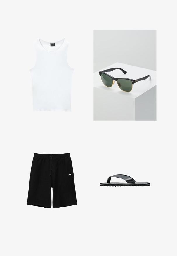 Débardeur blanc sans manches en coton côtelé. Présente un col rond et une texture lisse. L'étiquette indique "PULL&BEAR."; Shorts noirs arrivant au genou avec taille élastique et cordon de serrage, avec petit logo blanc sur la cuisse gauche, isolés sur fond blanc.; Sandale tongs plates noires avec une large bride d’orteil et une semelle texturée, vue de profil sur fond blanc.; Lunettes de soleil Ray-Ban avec des verres verts, monture en plastique noir et accents dorés sur les bords. Forme carrée avec une finition mate.