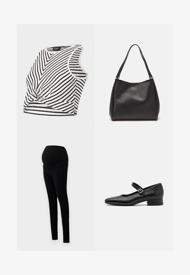 Haut de maternité rayé noir et blanc, sans manches avec un détail noué à l'avant, présente une texture côtelée et un col arrondi.; Jeans de maternité noirs avec une taille haute extensible et une coupe slim. Confectionnés en denim, ils comprennent des poches avant classiques.; Chaussures Mary Jane en cuir noir avec un embout en vernis, une sangle cheville réglable et un petit talon carré. Texture lisse et design élégant.; Sac à main en cuir synthétique noir avec une texture douce, forme hobo et doubles poignées; présente une finition brillante et un design minimaliste.