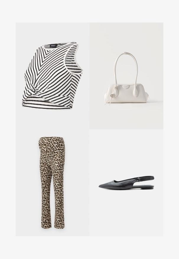 Schwarz-weiße gestreifte Umstandsbluse, ärmellos mit einem geknoteten Frontdetail, verfügt über eine gerippte Textur und einen runden Ausschnitt.; Leopardenmuster-Leggings mit einem tanfarbenen Grund und schwarzen Punkten, aus einem dehnbaren Material gefertigt. Figurbetonter Schnitt mit ausgestelltem Bein.; Schwarzer, spitz zulaufender Slingback-Flachschuh aus Leder mit niedrigem Absatz und verstellbarem Riemen vor hellem Hintergrund.; Kleine weiße Lederhandtasche mit zwei langen Tragegriffen, silbernem Logoanhänger und Reißverschluss auf jeder Seite, vor einem schlichten weißen Hintergrund.