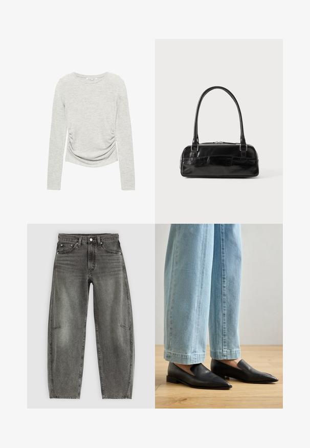 Haut à manches longues gris en tissu doux et léger, doté d'un décolleté arrondi et de détails froncés sur le côté pour un look ajusté.; Jeans en denim gris délavé taille haute avec cinq poches, fermeture à bouton et coupe droite relaxée.; Chaussures en cuir noir à bout pointu et à enfilage, associées à un jean large bleu clair, sur un sol en bois.; Sac à main en cuir noir de forme rectangulaire, doté d'une seule ansse structurée, de quincaillerie argentée et d'une fermeture éclair. Texture lisse.