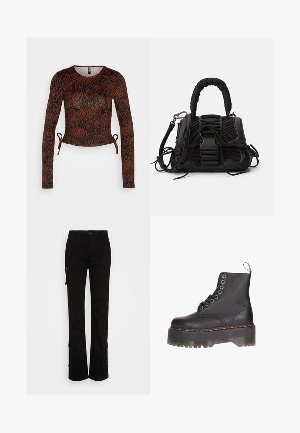 Pieces PCNALA CROP - Langarmshirt - chicory coffee/black; Nicki Studios STRAIGHT POCKET PANTS - Cargohose - black; Schwarze Leder-Stiefelette mit sechs Ösen-Schnürung, gelben Nähten und einer transparenten Plattformsohle mit gezacktem Rand.; Schwarze Handtasche mit einem Netzaußenmaterial, geflochtenem Griff und dekorativer Schnürung. Inklusive abnehmbaren Riemen und kontrastierenden Hardware-Elementen.