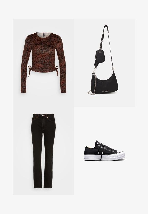 Pieces PCNALA CROP - Μπλούζα με μακριά μανίκια - chicory coffee/black; Weekday CITY HIGH SLIM - Slim fit jeans - black ink; Μαύρο χαμηλό καμβά παπούτσι με λευκή λαστιχένια σόλα πλατφόρμα, μαύρα κορδόνια και μεταλλικά χαντράκια σε λευκό φόντο.; Μαύρη νάιλον τσάντα ώμου με καμπύλο σχήμα, ασημένια αλυσίδα, αποσπώμενη μίνι θήκη και ρυθμιζόμενο λουράκι; φέρει το λογότυπο "Steve Madden".