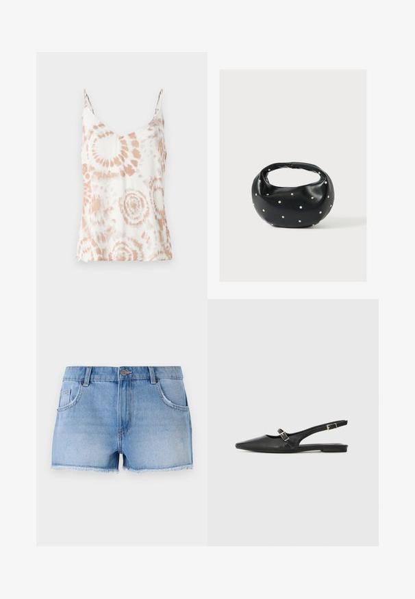 Débardeur blanc avec un décolleté en V, de délicates bretelles spaghetti et un motif tie-dye pêche. Texture légère et douce avec un design fluide.; Shorts en denim bleu clair, présentant un ourlet effiloché, un design cinq poches et une fermeture à bouton en métal à la taille.; Chaussures slingback en cuir noir avec un bout pointu, comprenant une lanière étroite et un accent de boucle argentée sur le côté. Semelle plate.; Sac à main en cuir noir de forme arrondie, décoré de clous argentés et équipé d'une poignée courte. Texture lisse et fermeture éclair.