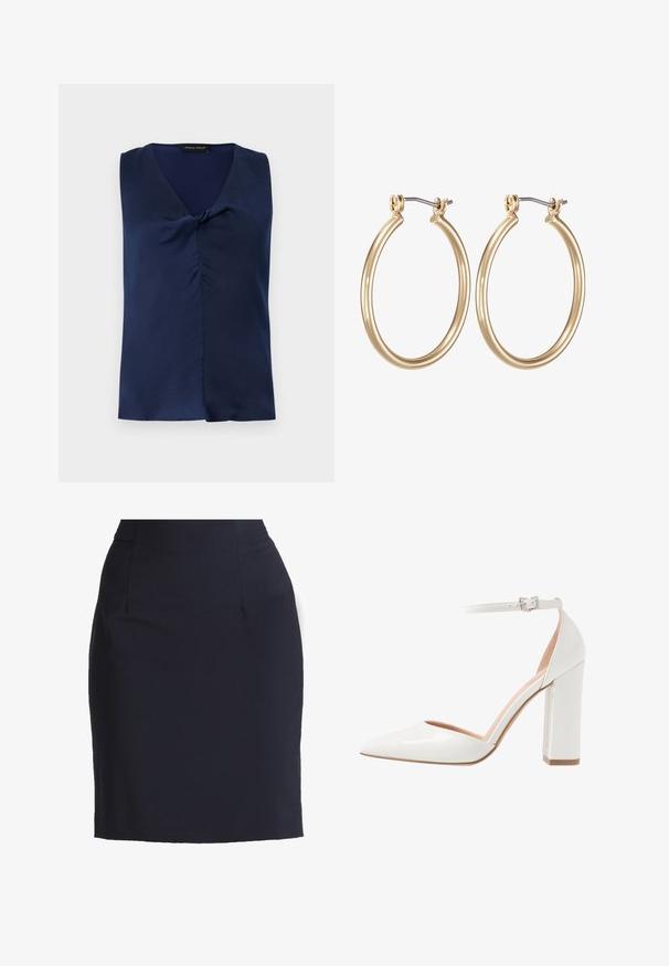Diepblauwe mouwloze blouse met V-hals en een subtiele gedraaide detail aan de voorkant, netjes opgevouwen tegen een effen lichte achtergrond.; Marineblauwe kokerrok van een soepele stof met een aansluitende silhouet, voorzien van voorzakken en subtiele naden voor een gestructureerde look.; Witte patenten leren hoge hak met een open zijkant, spitse neus, enkelband met gesp en een stevige blokhak.; Gouden metalen ring oorbellen met een glad, rond ontwerp en een veilige scharnier sluiting. Lichtgewicht met een gepolijste afwerking.