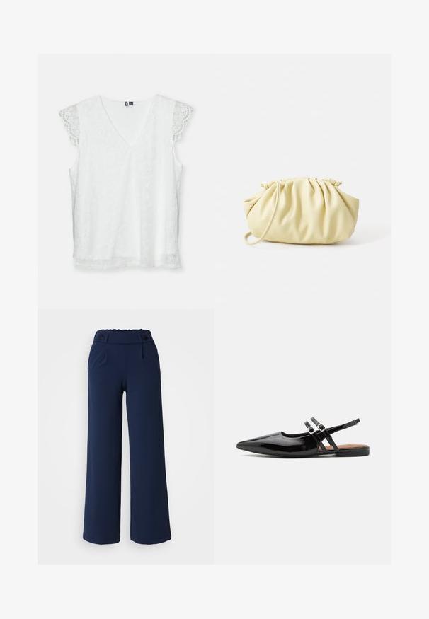 Witte mouwloze top met een V-hals, van gemusterde kantstof en delicate golvende kantmouwen. Beschikt over een ontspannen pasvorm en een gladde textuur.; Navy wijde pijpenbroeken van zachte stof; met platte voorkant, twee zijzakken en dubbele knoopsluiting in de taille.; Zwarte gepatineerde leren slingback schoenen hebben een spitse neus, twee banden met gespsieraden en een platte zool.; Geel geplooide handtas van soepel nepleer, met een zachte vorm, een enkele schouderriem en een verzameld ontwerp aan de bovenkant.