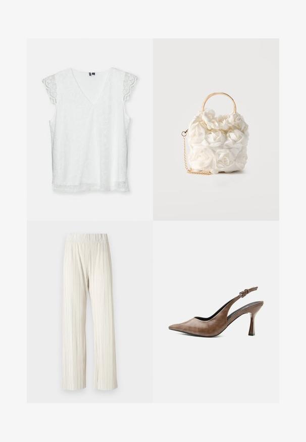 Top sin mangas blanco con escote en V, confeccionado en un tejido de encaje estampado y delicadas mangas de encaje con puntilla. Presenta un corte relajado y una textura suave.; Pantalones de pierna ancha con pliegues en beige claro, con una cinturilla elástica. Fabricados con un tejido ligero con textura vertical en toda su superficie.; Zapato destalonado de piel marrón con tacón alto, punta estrecha, tira ajustable con hebilla y tacón delgado y cónico.; Bolso blanco adornado con rosas de tela, con un asa circular dorada y una correa de cadena dorada sobre un fondo liso.