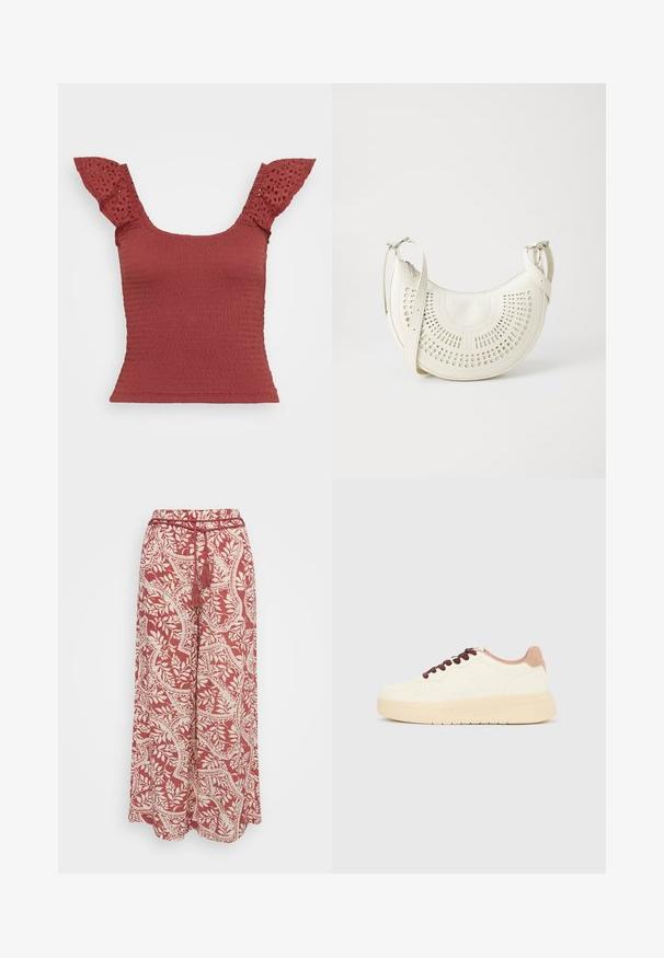 Rød smock-top med korte ærmer med hulmønster. Har en firkantet halsudskæring og en tætsiddende silhuet, der fremhæver en tekstureret stof.; Vero Moda Petite VMBALI WIDE PANTS - Bukser - marsala; Beige lavt skindesko med tyk sål, perforeret tå, lyserød hælkant og mørkebrune snørebånd på ensfarvet lysegrå baggrund.; Hvid vegan læder skuldertaske med perforeret cirkulært design, justerbar strop og indgraveret logo foran. Lynlåslukning øverst.