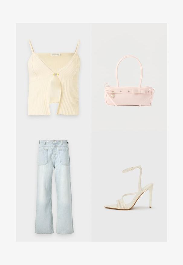 Crèmekleurige geribbelde gebreide mouwloze crop top met V-hals, kanten afwerking, vooraan een sleutelgaatje en verstelbare schouderbandjes.; Lichtblauwe denim wijdpijpjans met een hoge taille, twee achterzakken en subtiele vervaging, met gele stikaccenten.; Beige sandalen met hoge hak en een puntige neus, voorzien van drie voorste bandjes en een dunne enkelband met een gesp. Gladde textuur, minimalistisch ontwerp.; Bleekroze rechthoekige handtas met dubbele handvatten, decoratieve strik, metalen oogjes en een klein hartvormig hangertje tegen een effen achtergrond.