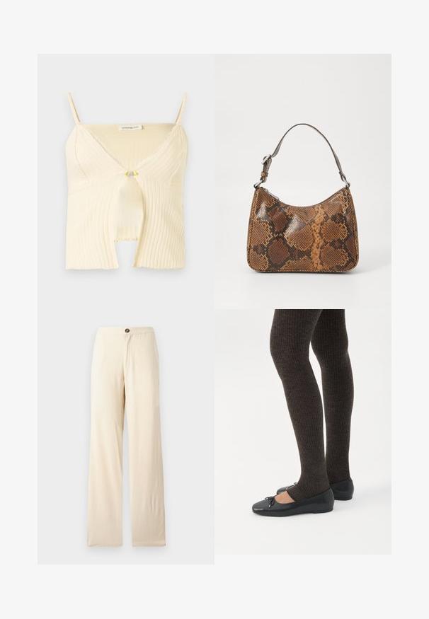 Kremfarvet ribstrikket ærmeløs croptop med V-hals, blondekant, front nøglehul detalje og justerbare skulderstropper.; Beige, vidde bukser lavet af letvægtsstof. Har en frontknap-lukning og lige kanter. Glat tekstur med minimale syninger.; Ben iført mørke ribbede leggings kombineret med sorte balletsko med små sløjfedetaljer på hvid baggrund.; Lille håndtaske med brun og sort slangeskinn mønster, kort justerbar rem og lynlåslukning.