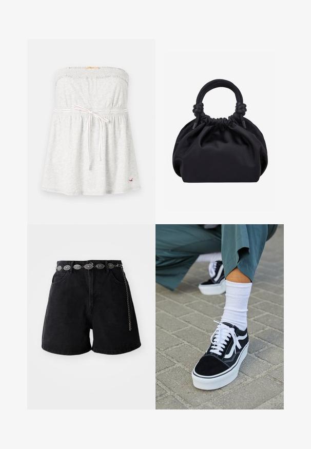 Grå strapless top med elastisk halslinning, samlet barm og justerbar snor med rød syning i taljen. Lille logo på kanten.; Sorte denimshorts med højt liv, forlommer og et dekorativt sølvfarvet kædebælte med ovale detaljer. Glat tekstur.; Sorte ruskinds sneakers med hvide accenter og snørebånd, der har en tyk hvid sål og kontrasterende syninger, parret med en hvid sok.; Sort blød stofhåndtaske med samlet top og cirkulære polstrede håndtag bundet med knuder på hver side.