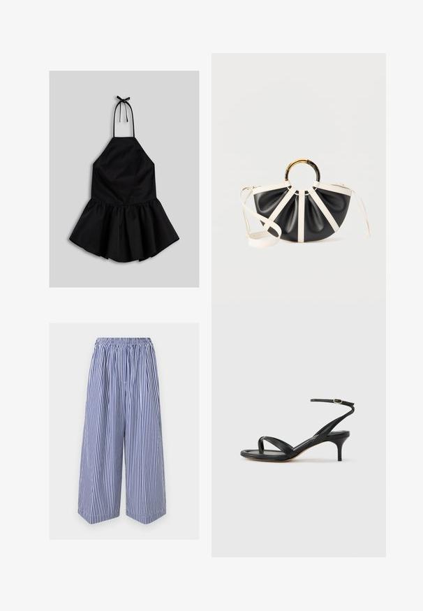 Black sleeveless halter dress with a tie neck and a flared, gathered skirt on a gray background.; Blue and white vertical striped wide-leg cropped pants with elastic waistband and loose fit.; Black leather women's sandal with thin straps, a toe loop, ankle buckle, and a mid-height stiletto heel on a neutral background.; Black and white semi-circular handbag with pleats, a round tortoiseshell and gold handle, and a white adjustable shoulder strap.