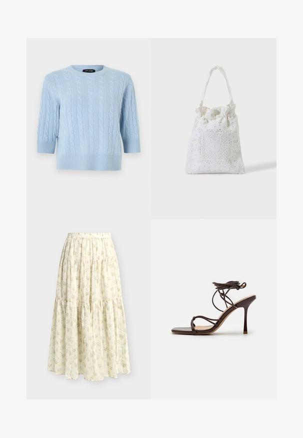 Ανοιχτό μπλε πλεκτό πουλόβερ με σχέδια καλώδιου, στρογγυλή λαιμόκοψη, μανίκια μήκους μέχρι τον αγκώνα και ριμπ μανσέτες και τελείωμα, με ετικέτα Marc Jacobs.; Μάξι φούστα με στρώσεις σε κρεμ απόχρωση, ελαφρύ ύφασμα, διακριτό λουλουδάτο σχέδιο σε απαλά κίτρινα και πράσινα χρώματα και ελαστική μέση.; Simmi London MACIA - Ψηλοτάκουνα πέδιλα - chocolate; Λευκή υφασμάτινη τσάντα με κεντητή δαντέλα σε σχέδιο λουλουδιών και μαζεμένη πάνω λαβή, απεικονίζεται σε απλό φωτεινό φόντο.
