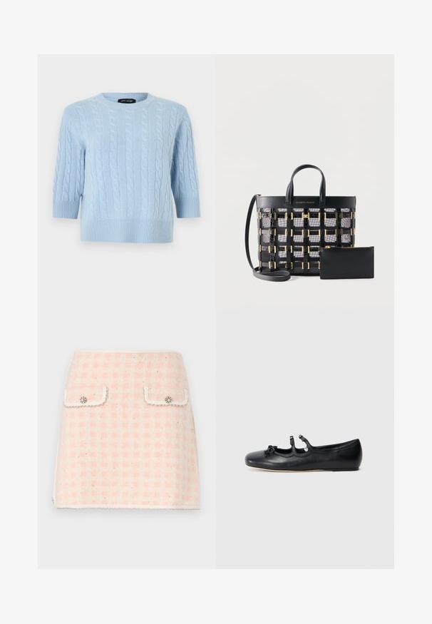 Lyseblå strikket sweater med kabelmønstre, rund halsudskæring, albuelange ærmer og ribstrikkede manchetter og kant, mærket Marc Jacobs.; Uld mini nederdel i lyserød og crème ternet mønster, med to forlommer med dekorative knapper og en frynset kant.; Sort læder ballet flade sko med et åbent design, har to dekorative stropper og en sløjfedetalje på tåen, flad sål. Glat tekstur.; Sort lædertaske med gitterdesign og gyldne spænder, parret med en matchende sort lynlåspung på en hvid baggrund.