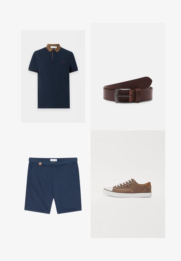 Polo bleu marine à manches courtes avec col en velours côtelé marron et petit logo rouge brodé sur la poitrine gauche.; Shorts bleu marine en coton, dotés d'une ceinture tressée avec un accent en cuir marron, de poches latérales et d'une coupe droite.; Baskets en toile brunes avec lacets blancs, embout en caoutchouc et accents contrastants beige sur le talon, présentant un petit emblème tricolore.; Ceinture en cuir brun avec une texture lisse, dotée d'une pointe courbée et d'une boucle métallique rectangulaire au fini sombre.