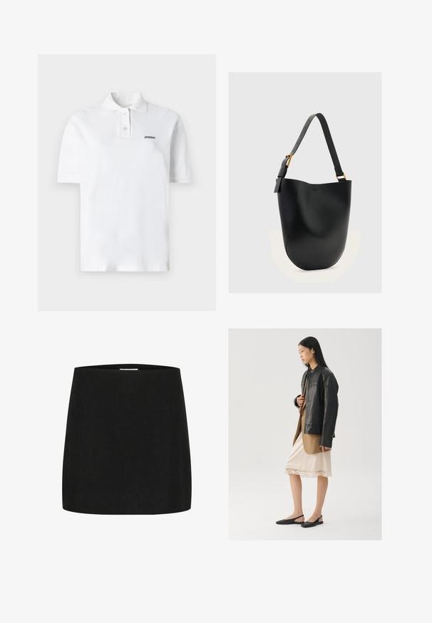 Polo blanca de algodón, con un collar clásico, tres botones y un pequeño logo negro en el lado izquierdo del pecho. Mangas cortas.; Minifalda negra hecha de un tejido texturizado, con un corte simple y recto, sin adornos ni patrones visibles.; Chaqueta de cuero negra sobre una blusa marrón, combinada con un vestido camisón color crema claro con ribete de encaje y zapatos slingback negros.; Bolso tipo cubo de cuero negro con correa de hombro ajustable y hebilla de tono dorado sobre un fondo liso gris claro.