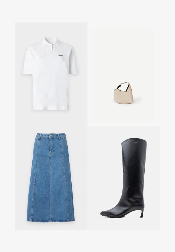 Weißes Poloshirt aus Baumwolle, mit klassischem Kragen, drei Knöpfen und einem kleinen schwarzen Logo auf der linken Brust. Kurze Ärmel.; Jeans Midi-Rock in Hellblau mit geradem Schnitt, Knopfverschluss vorne, fünf Schlaufen für einen Gürtel und zwei seitlichen Eingrifftaschen.; Knielanger schwarzer Lederstiefel mit spitzer Zehe und schlankem, hohem Absatz. Glatte Textur mit minimaler Hardware und Markenlogo in der Nähe des oberen Randes.; Beige Ledertasche in Halbmondform mit einem einzelnen Schulterriemen und minimaler Nahtgestaltung, vor einem schlichten weißen Hintergrund.